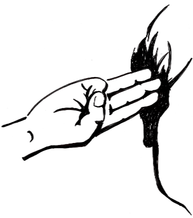 Spejderhilsenen med tre fingre holdt strakt og  tommelen over lillefingeren